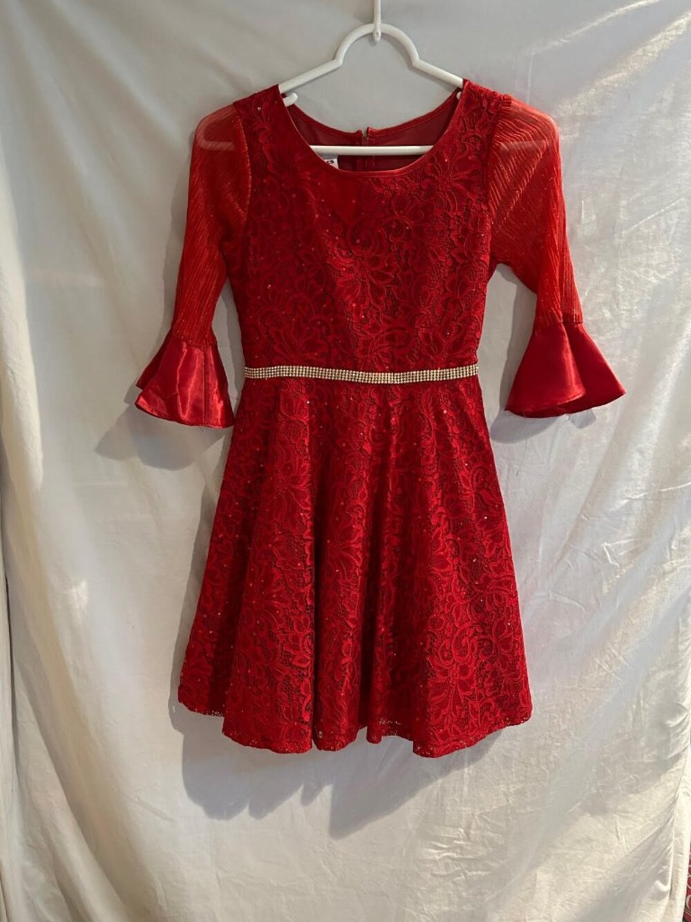 Bonnie Jean Girls 12 Red 3/4 Bell Sleeve Sparkle Lace Dress NWT Holiday Formal